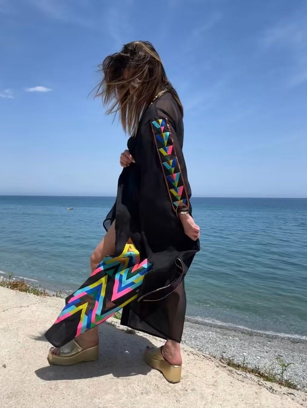 Piyano Sheer Swim Cover-Up with Multi-Color Chevron Accents - Picture 2 of 11